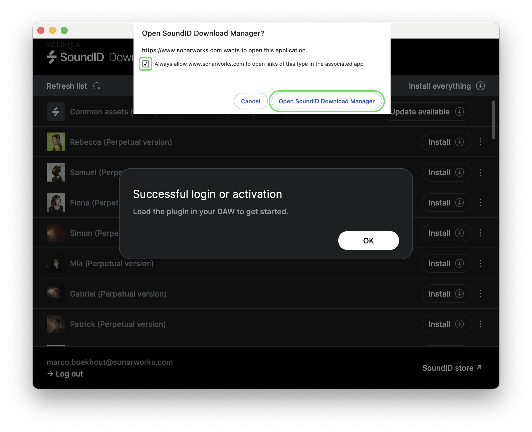 Open SoundID Download Manager - Successful login or activation.png