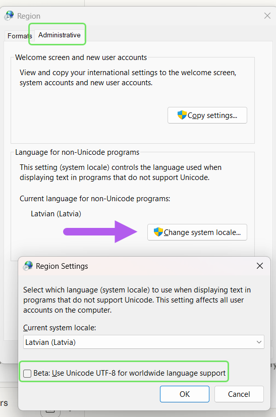 UTF-8 region settings